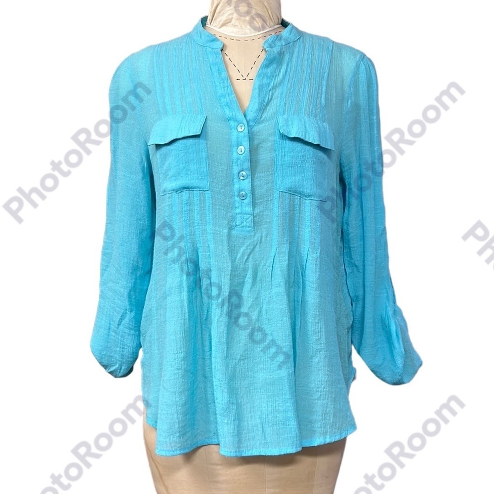 ZAC & RACHEL | Sheer Tunic Top Blouse Pleated Half Button‎ Down Light Blue L